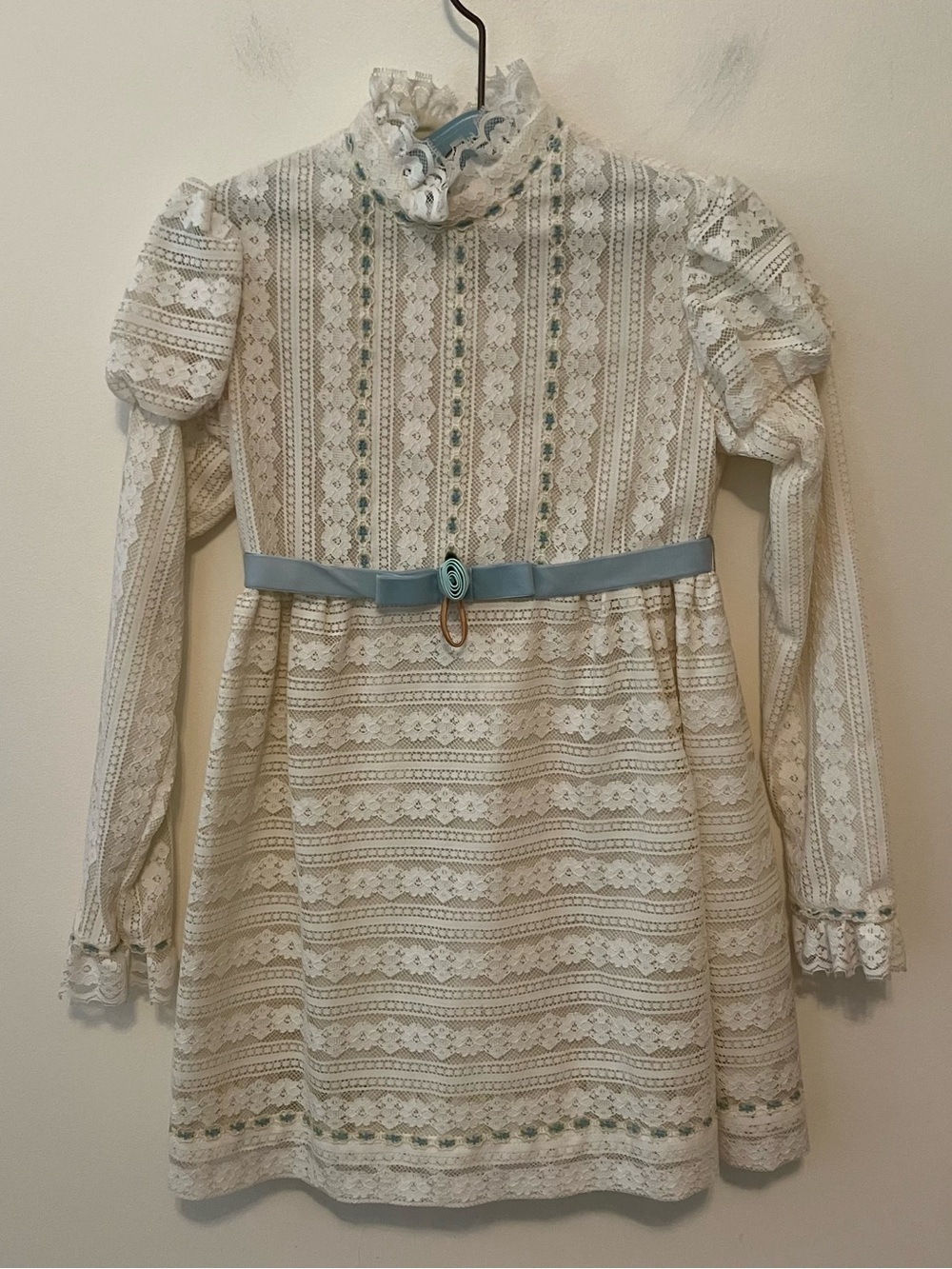 VTG Dorissa Of Miami Girls 12 Ivory All Lace Dress Velvet Belt Ribbon Trim